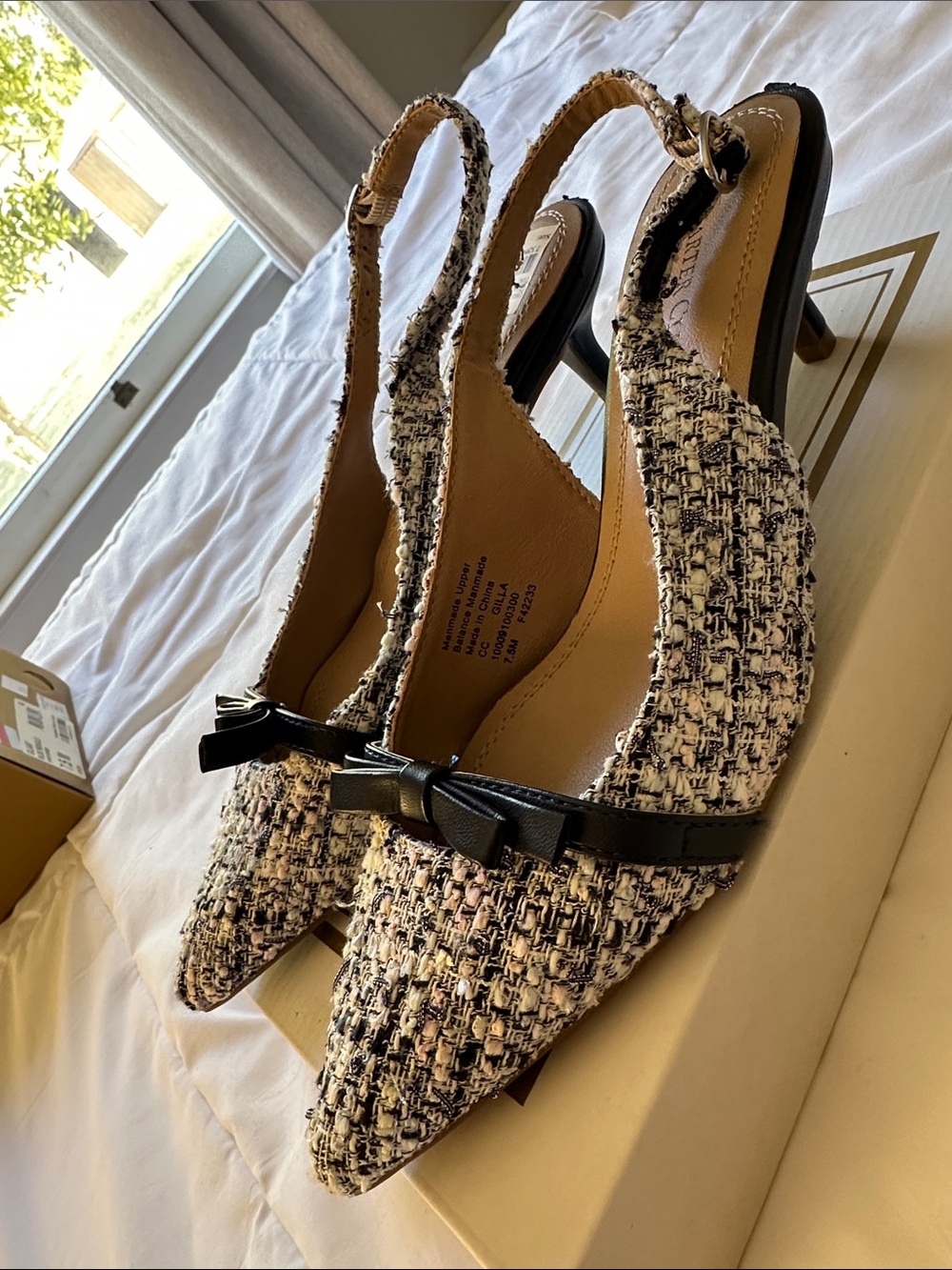 Charter Club Blue & Cream Tweed Slingback Heels with Bow